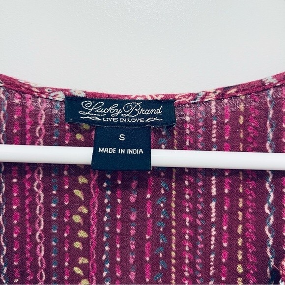 Lucky Brand Mixed Print High Low Boho Top 3/4 Ruched Sleeve Women's Size Small - Picture 3 of 12